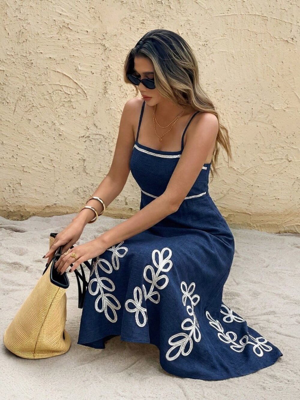 Navy Blue Casual Women's Vacation Style Plant Embroidery Waist Tie midi Dress